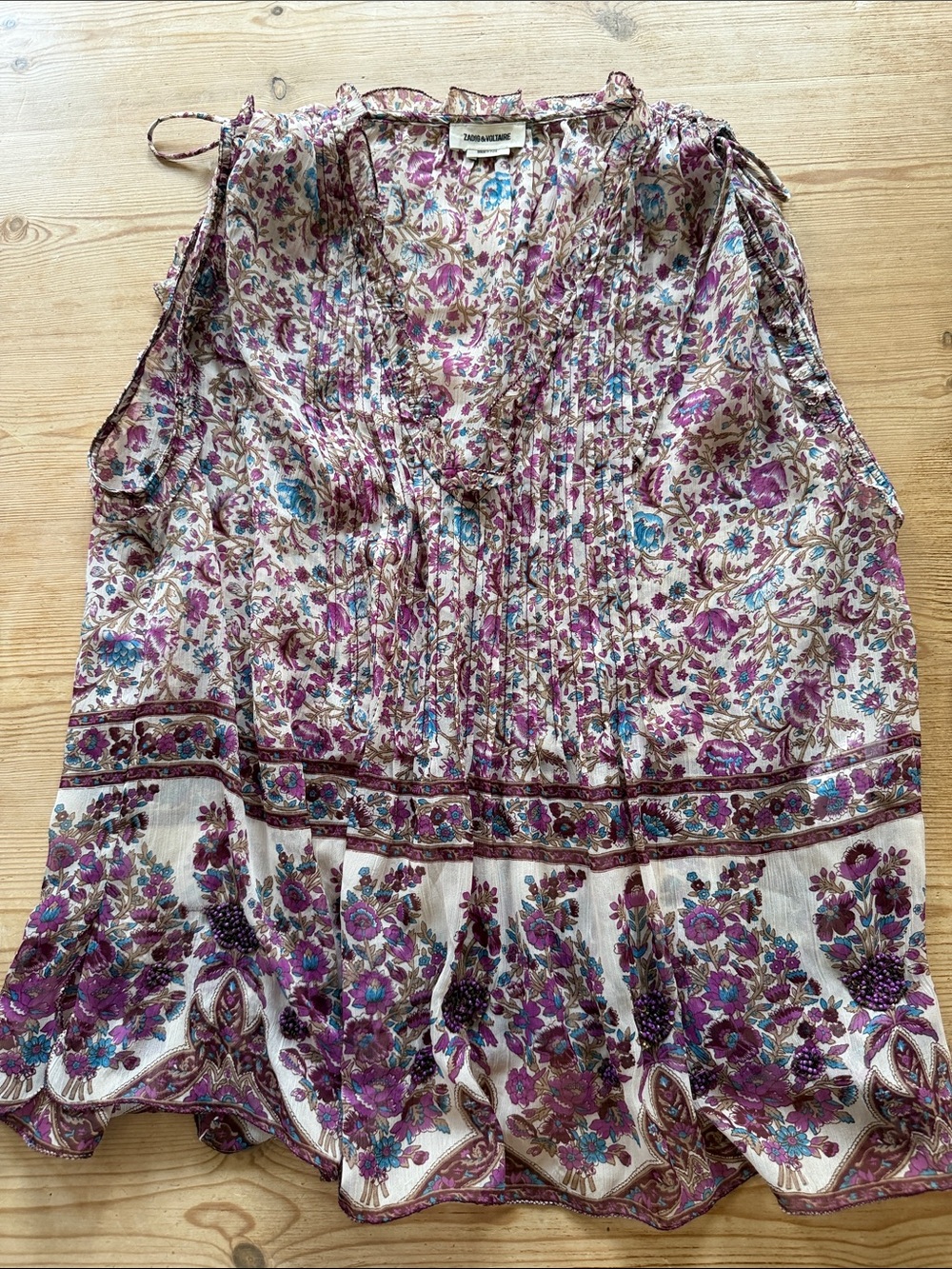 Zadig & Voltaire Purple Cream Floral Pintuck top